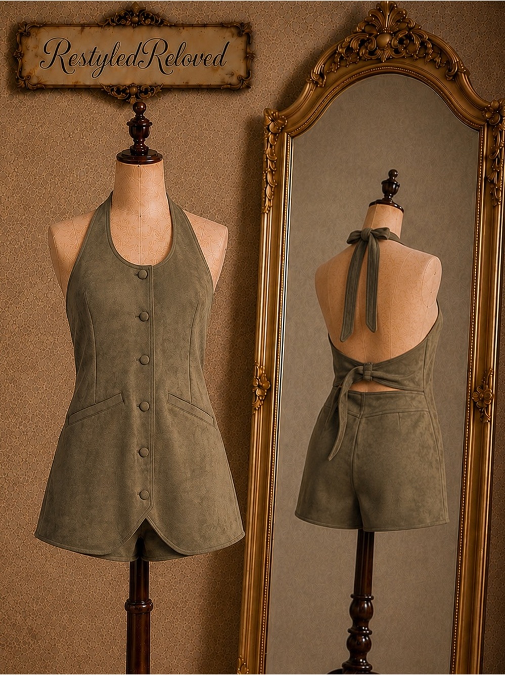 NWT Klesis Olive Faux Suede Halter Romper | Open Back | Size Medium